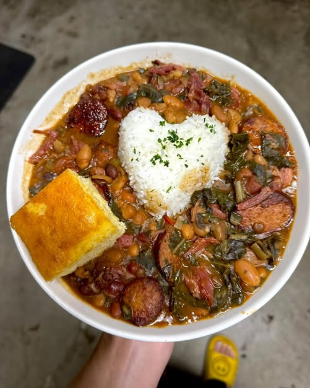 15 Bean Soup with Collard Greens, Rice and Cornbread