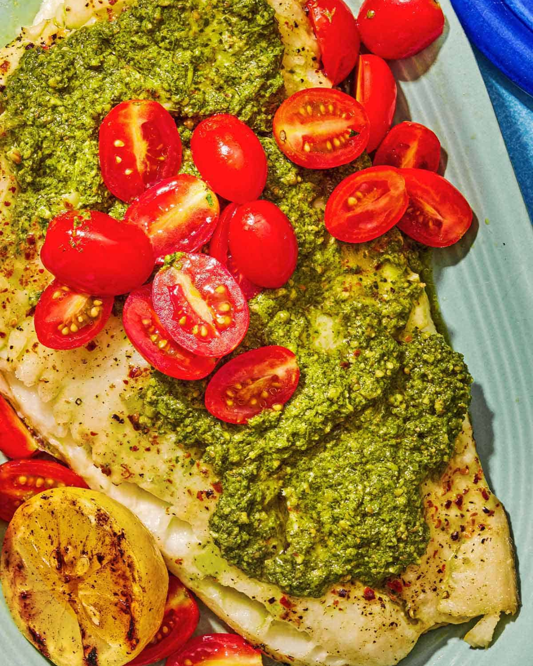 Baked Chilean Sea Bass with Pesto and Cherry Tomatoes (Easy, Healthy & Restaurant-Style)