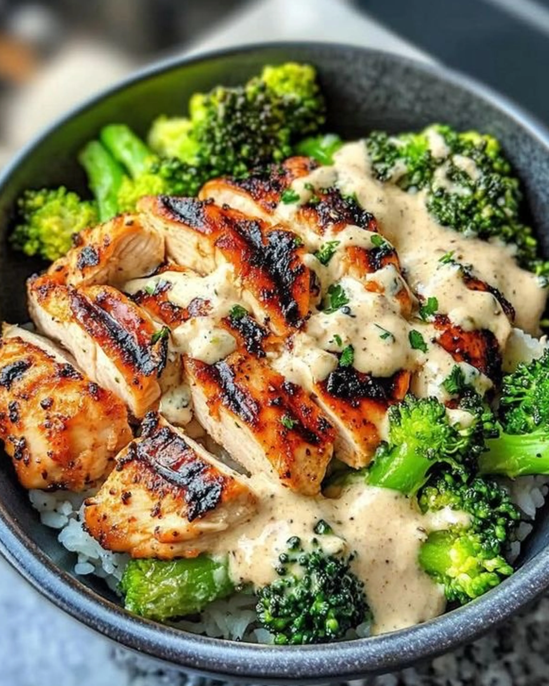 Healthy Grilled Chicken Broccoli Bowls with Creamy Garlic Sauce