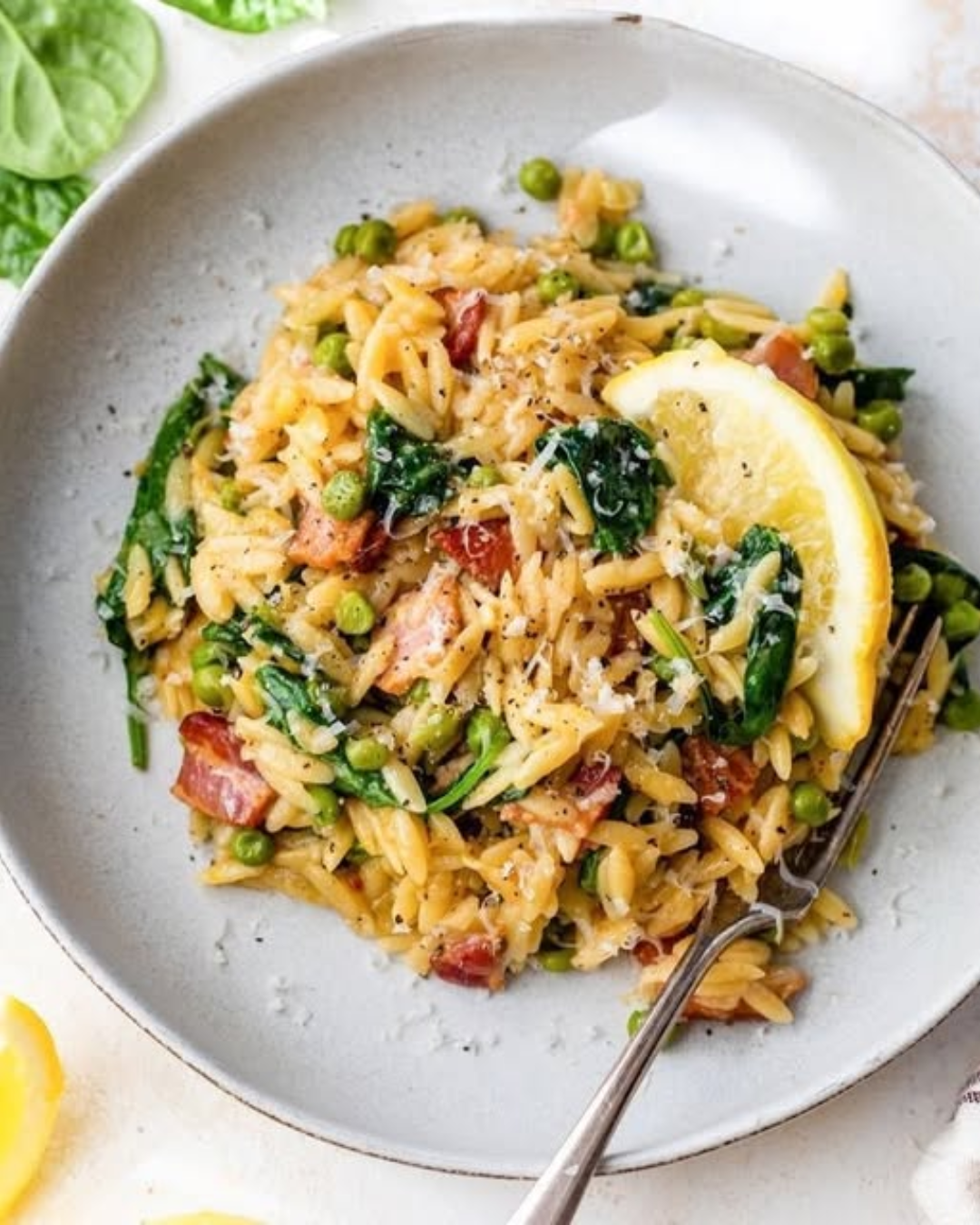 Orzo with Bacon, Leeks, Peas, Spinach and Lemon